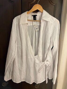 Lane Bryant White Striped Pintuck Wrap Top